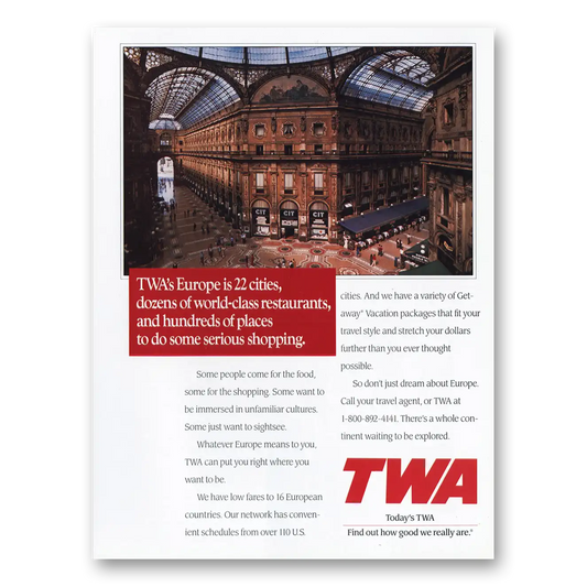 1989 TWA Airlines Europe Is 22 Cities Vintage Magazine Print Ad