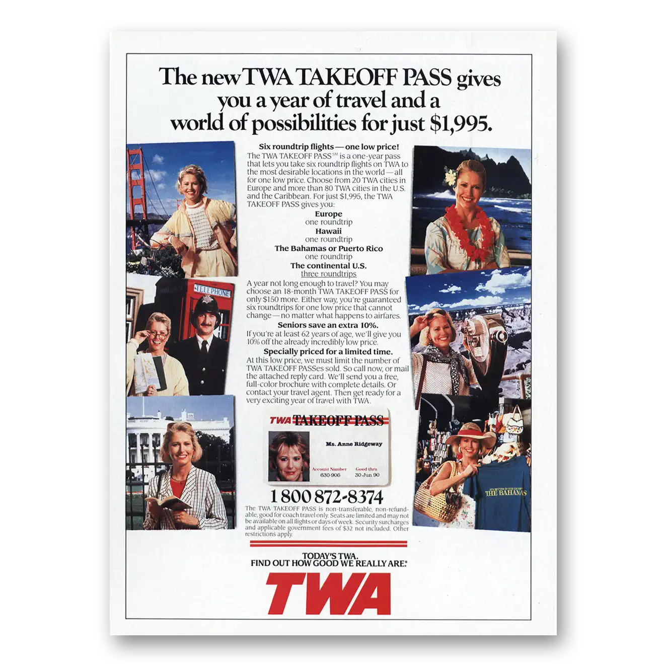 1989 TWA Airlines Takeoff Pass World of Possibilities Vintage Magazine Print Ad