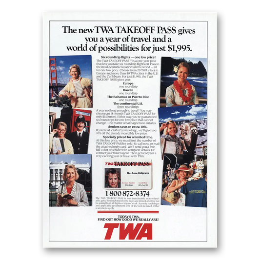 1989 TWA Airlines Takeoff Pass World of Possibilities Vintage Magazine Print Ad