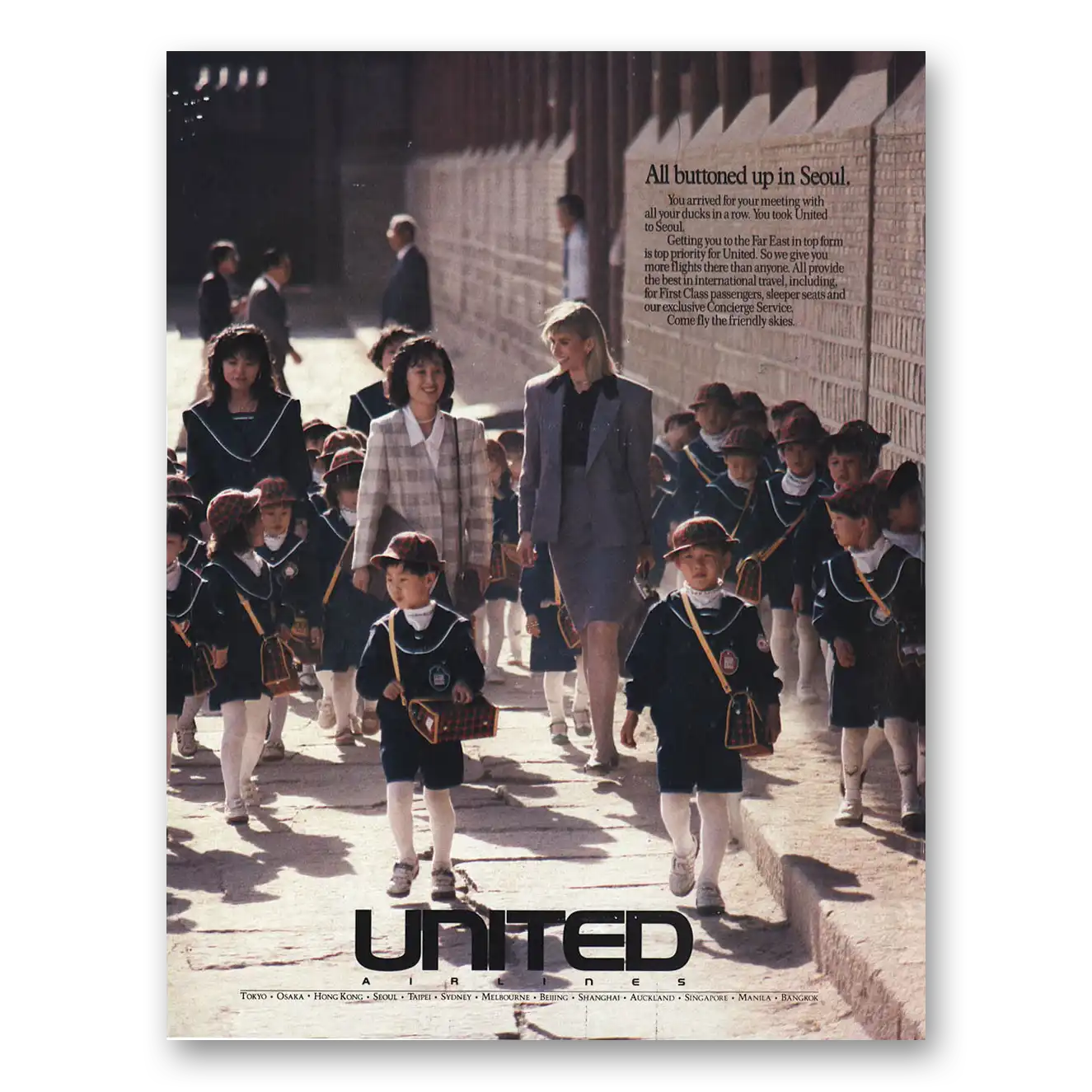 1989 United Airlines All Buttoned Up In Seoul Vintage Magazine Print Ad