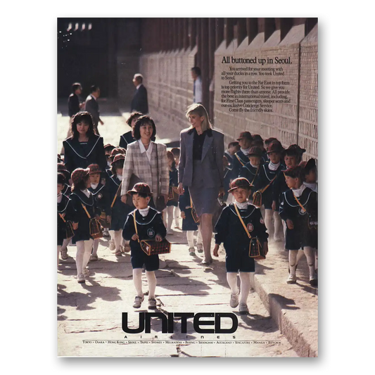 1989 United Airlines All Buttoned Up In Seoul Vintage Magazine Print Ad