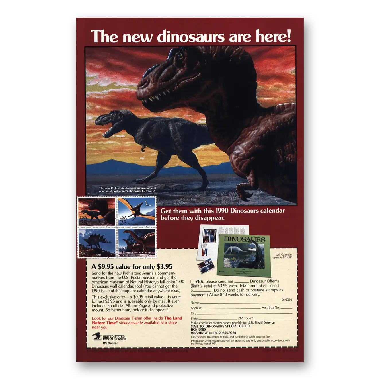 1989 United States Postal Service USPS United States Postal Service Dinosaurs Vintage Magazine Print Ad