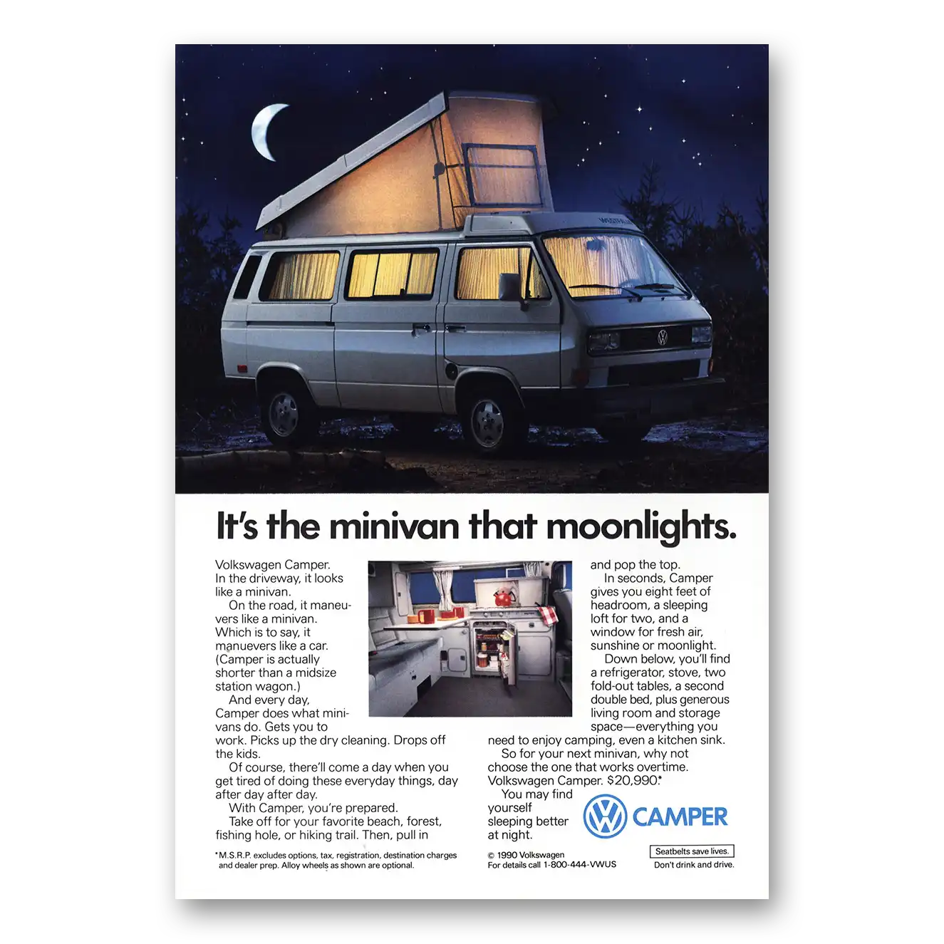 1990 Volkswagen Camper Minivan that Moonlights Vintage Magazine Print Ad