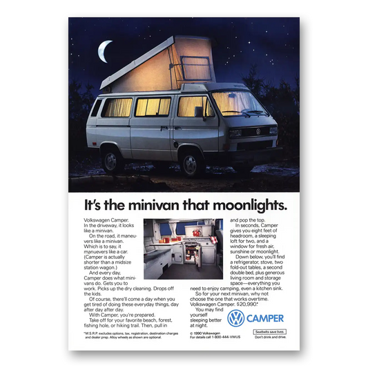 1990 Volkswagen Camper Minivan that Moonlights Vintage Magazine Print Ad