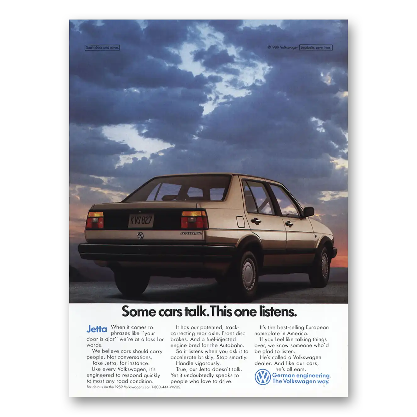 1989 Volkswagen Jetta Some Cars Talk This One Listens Vintage Magazine Print Ad