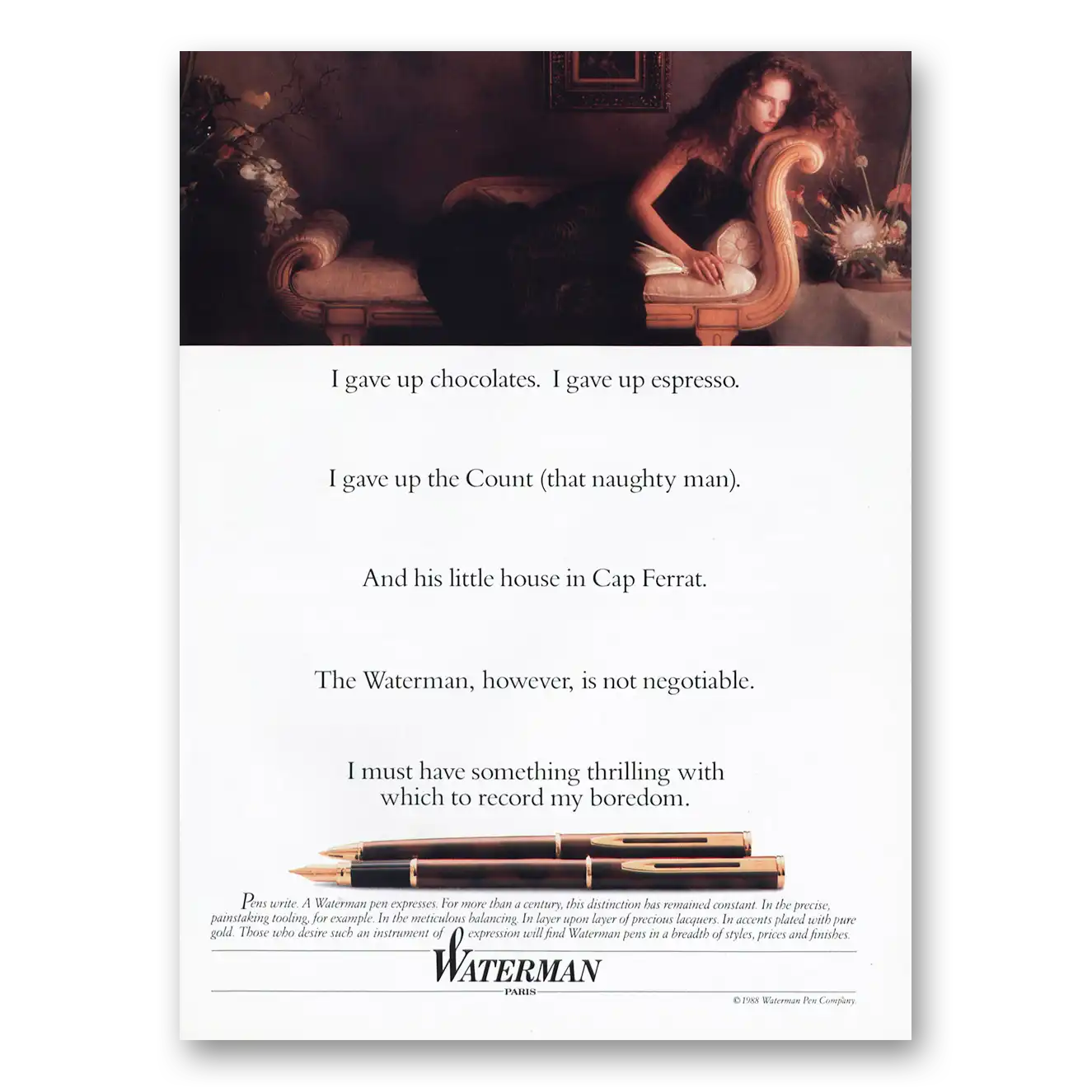 1989 Watermans Pen I Gave Up Chocolates Vintage Magazine Print Ad