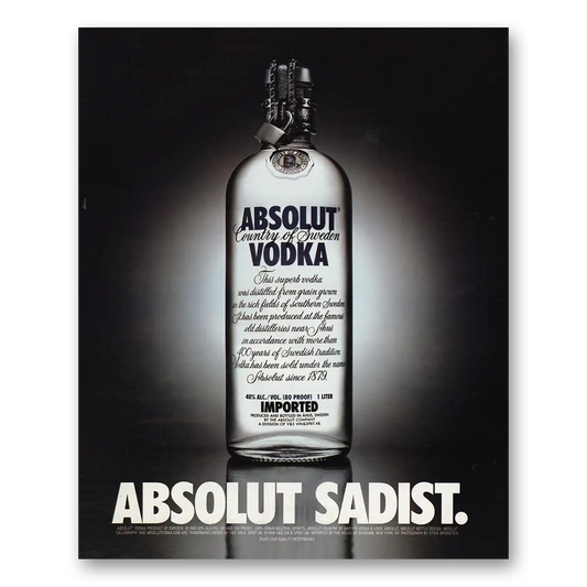 1990 Absolut Vodka Sadist Vintage Magazine Print Ad