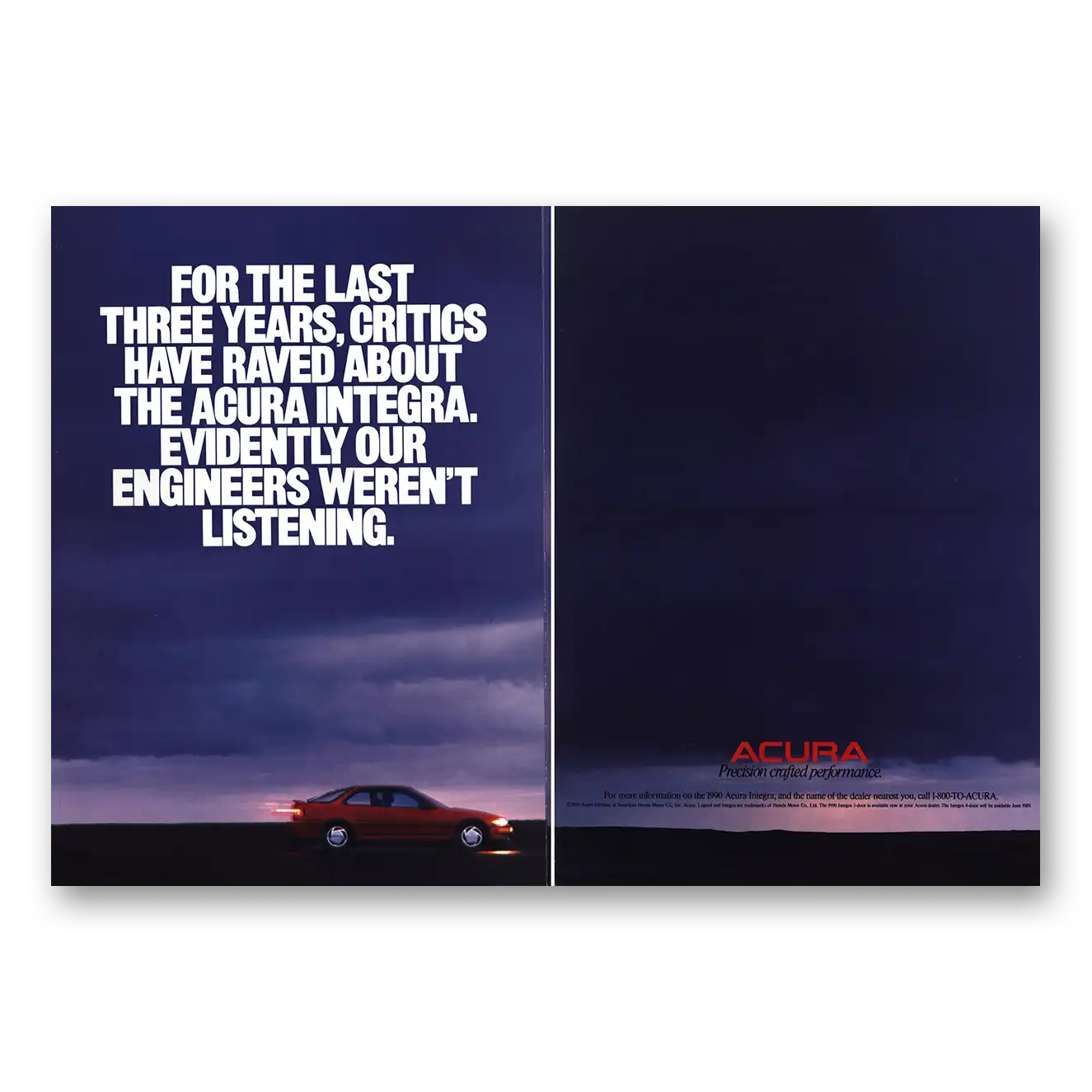 1990 Acura Integra Our Engineers Werent Listening Vintage Magazine Print Ad