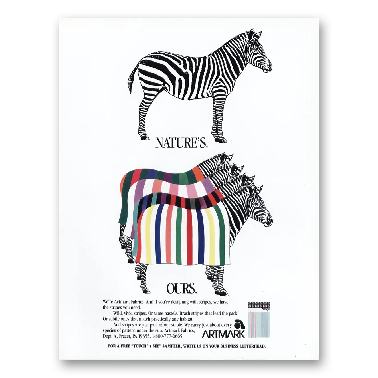 1990 Artmark Fabrics Natures Ours Zebras Vintage Magazine Print Ad