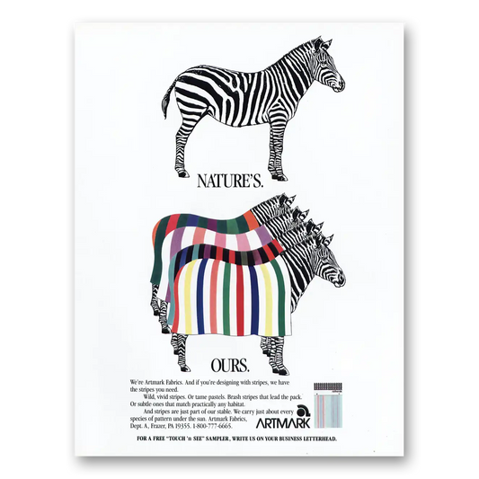 1990 Artmark Fabrics Natures Ours Zebras Vintage Magazine Print Ad