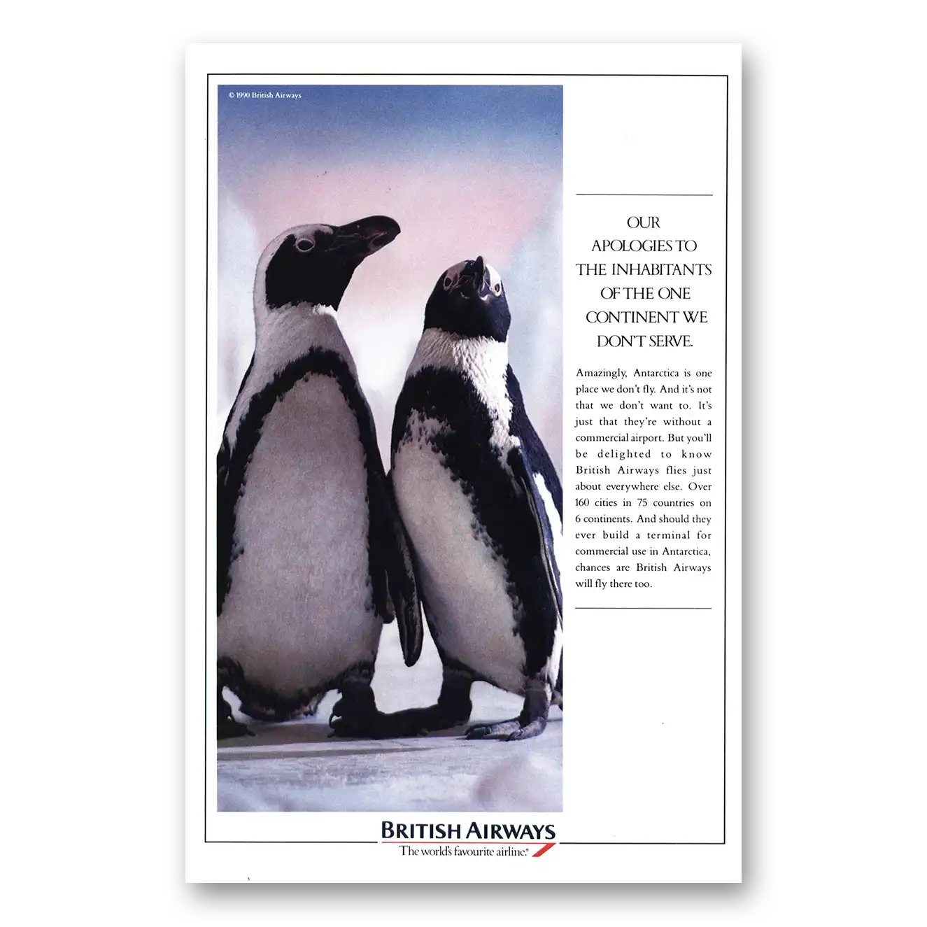 1990 British Airways BOAC Apologies To Inhabitants Penguins Vintage Magazine Print Ad