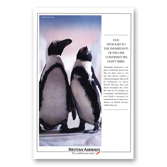 1990 British Airways BOAC Apologies To Inhabitants Penguins Vintage Magazine Print Ad