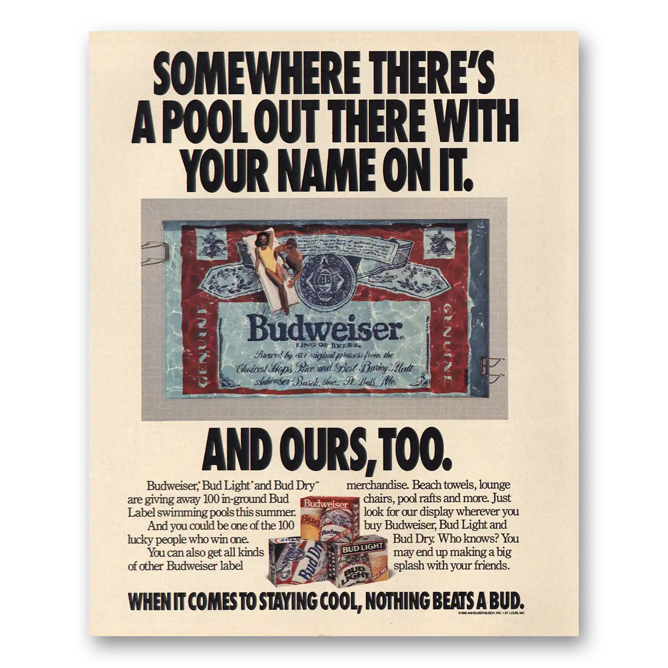 1990 Budweiser Beer Pool Out There With Your Name on It Vintage Magazine Print Ad