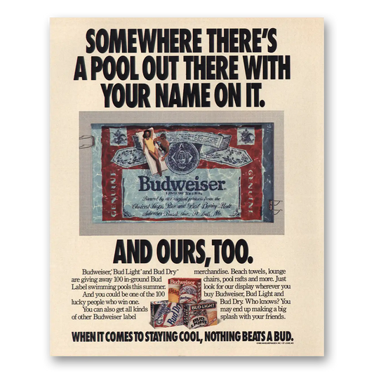 1990 Budweiser Beer Pool Out There With Your Name on It Vintage Magazine Print Ad