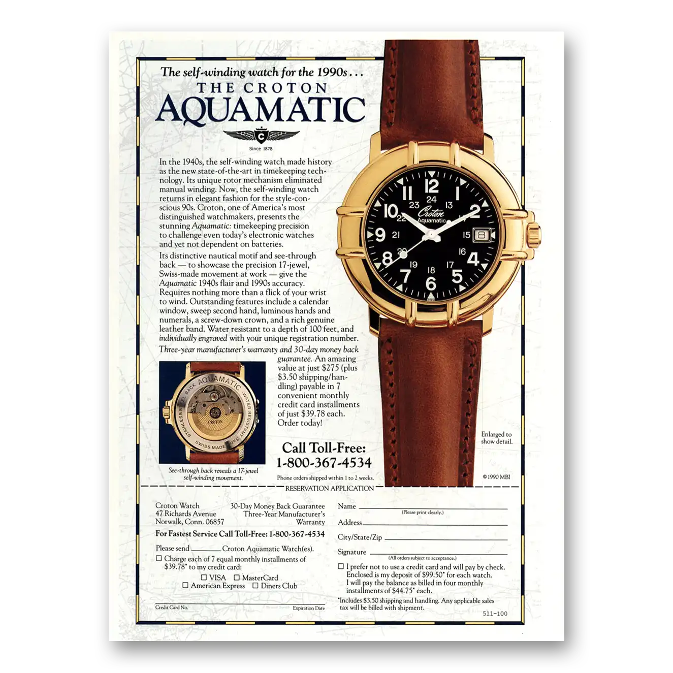 1990 Croton Watch Aquamatic Watch Self Winding Vintage Magazine Print Ad