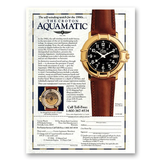 1990 Croton Watch Aquamatic Watch Self Winding Vintage Magazine Print Ad