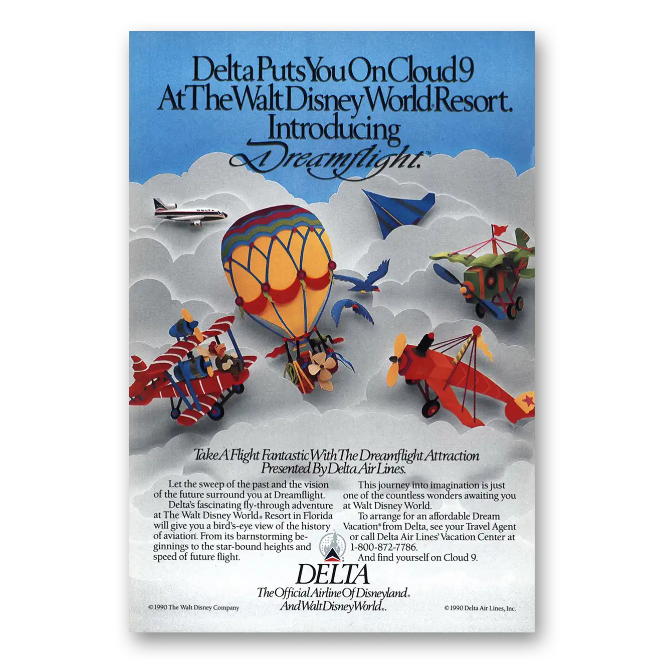 1990 Delta Air Lines Dreamflight Disney World Vintage Magazine Print Ad