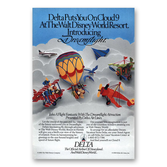 1990 Delta Air Lines Dreamflight Disney World Vintage Magazine Print Ad