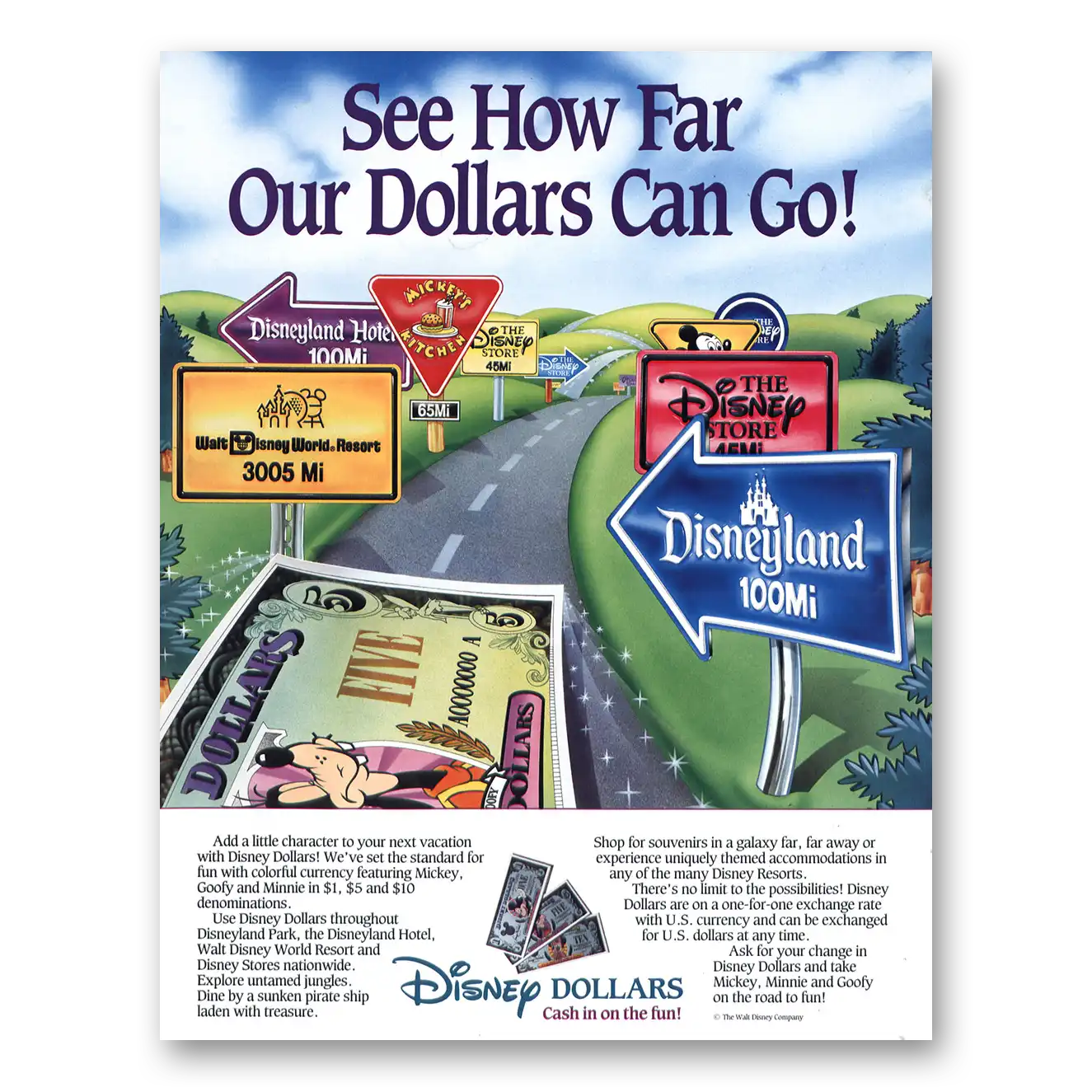 1990 Disney Dollars How Far Dollars Can Go Vintage Magazine Print Ad