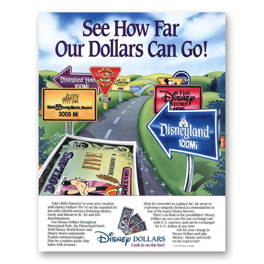 1990 Disney Dollars How Far Dollars Can Go Vintage Magazine Print Ad