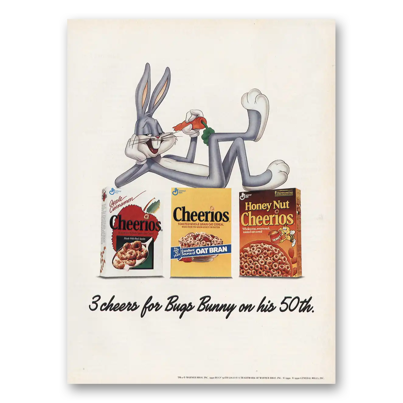 1990 Cheerios Cereal Cheers for Bugs Bunny On His 50th Vintage Magazine Print Ad