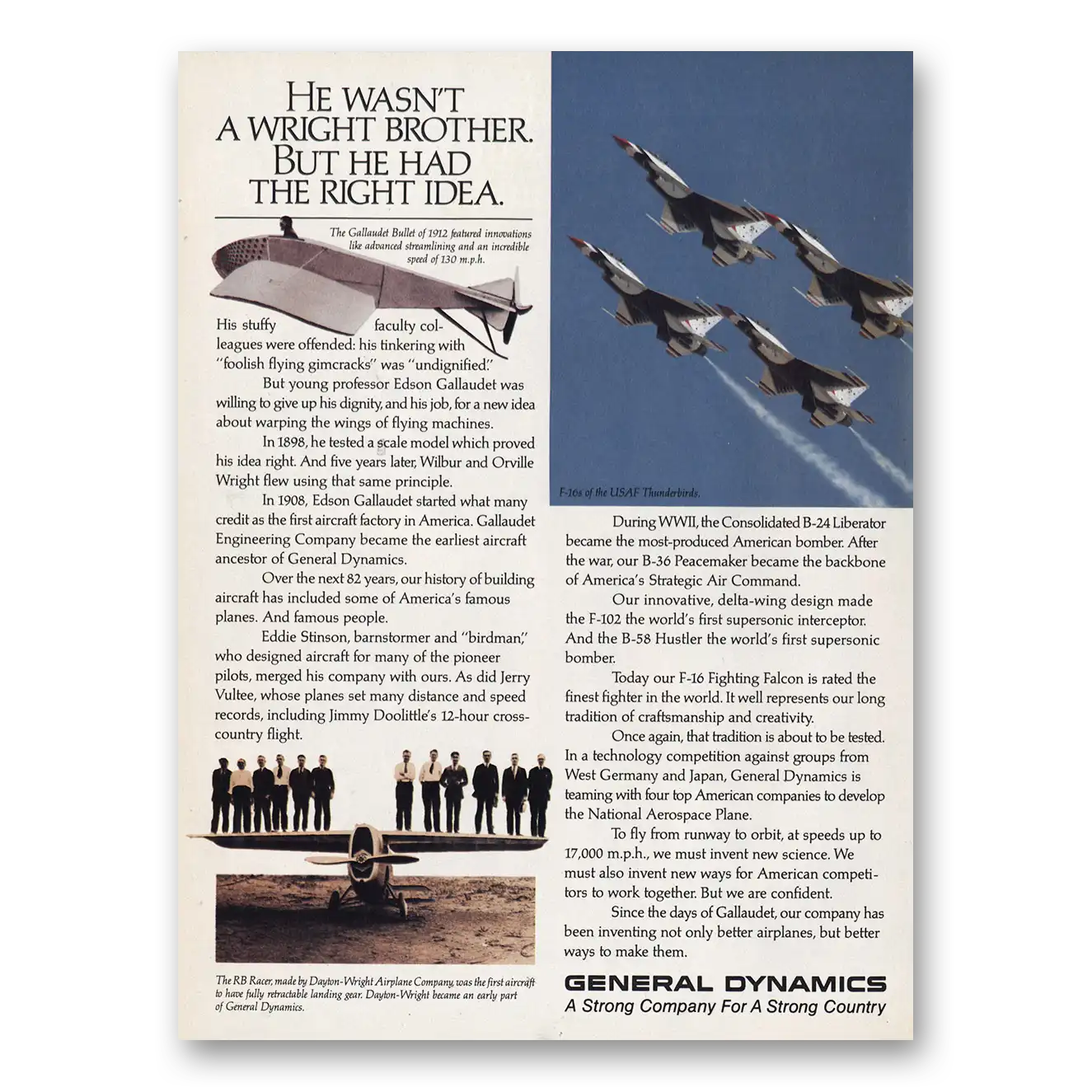 1990 General Dynamics He Wasn’t a Wright Brother Vintage Magazine Print Ad