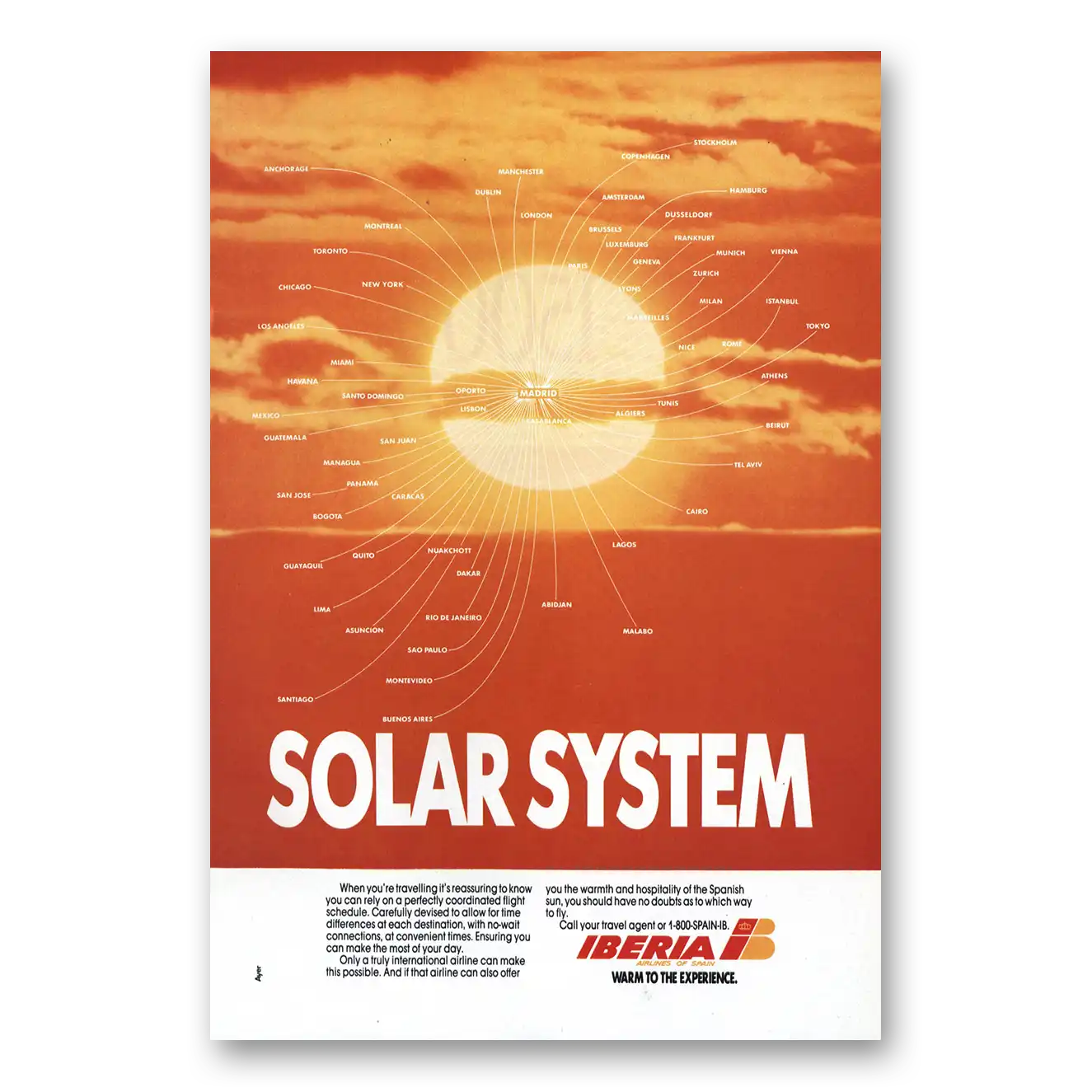 1990 Iberia Airlines Solar System Vintage Magazine Print Ad