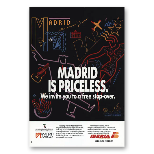 1990 Iberia Airlines Madrid is Priceless Vintage Magazine Print Ad