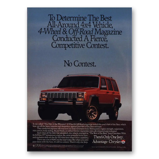 1990 Jeep Cherokee Competitive Contest No Contest Vintage Magazine Print Ad