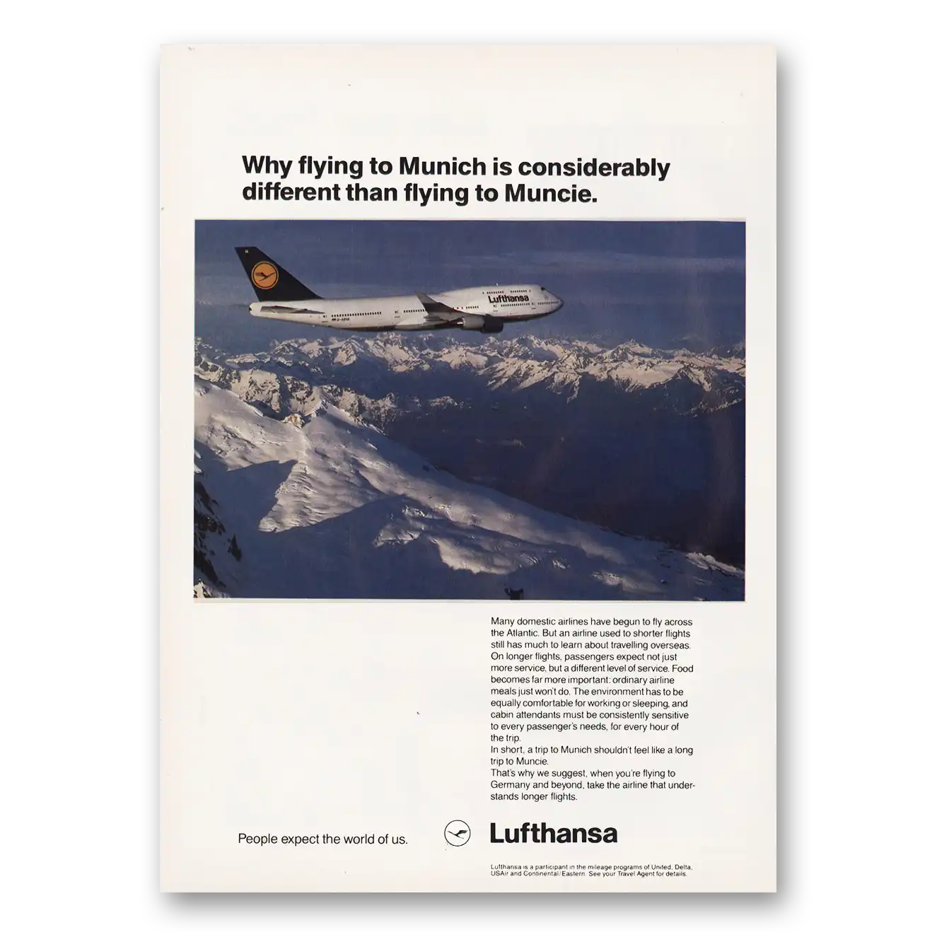 1990 Lufthansa German Airlines Different Than Flying to Muncie Vintage Magazine Print Ad