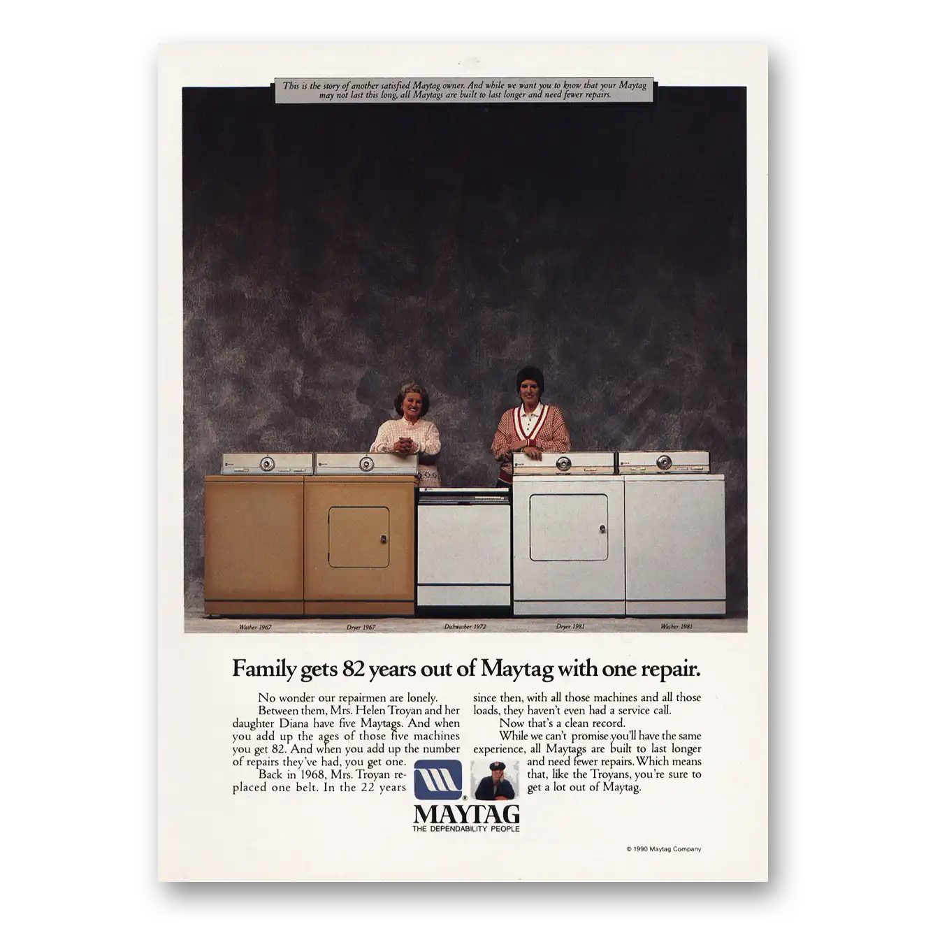 1990 Maytag Appliances Family Gets 82 Years Out of Maytag Vintage Magazine Print Ad