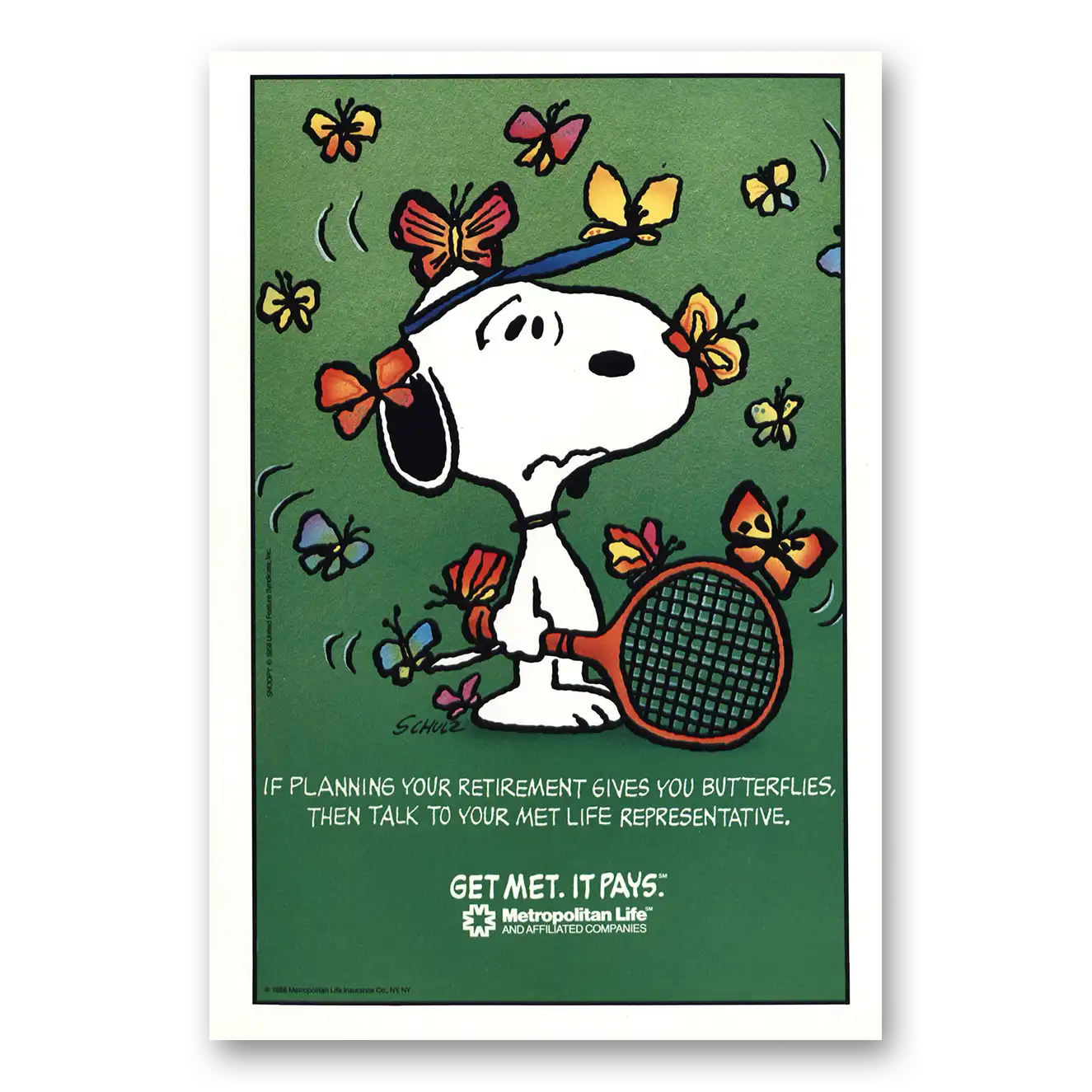 1988 Metropolitan Life Insurance Snoopy Tennis Vintage Magazine Print Ad