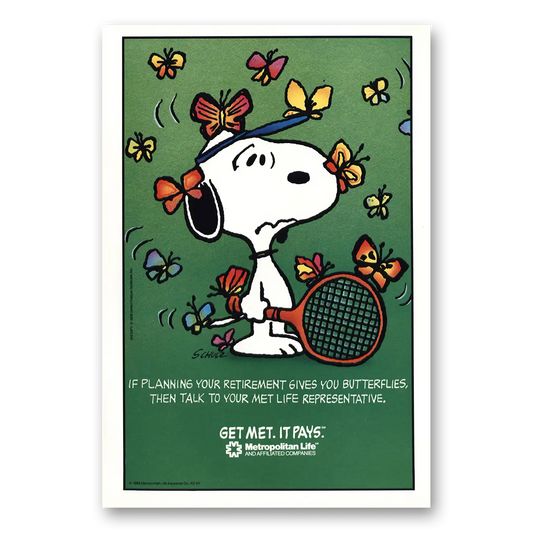 1988 Metropolitan Life Insurance Snoopy Tennis Vintage Magazine Print Ad