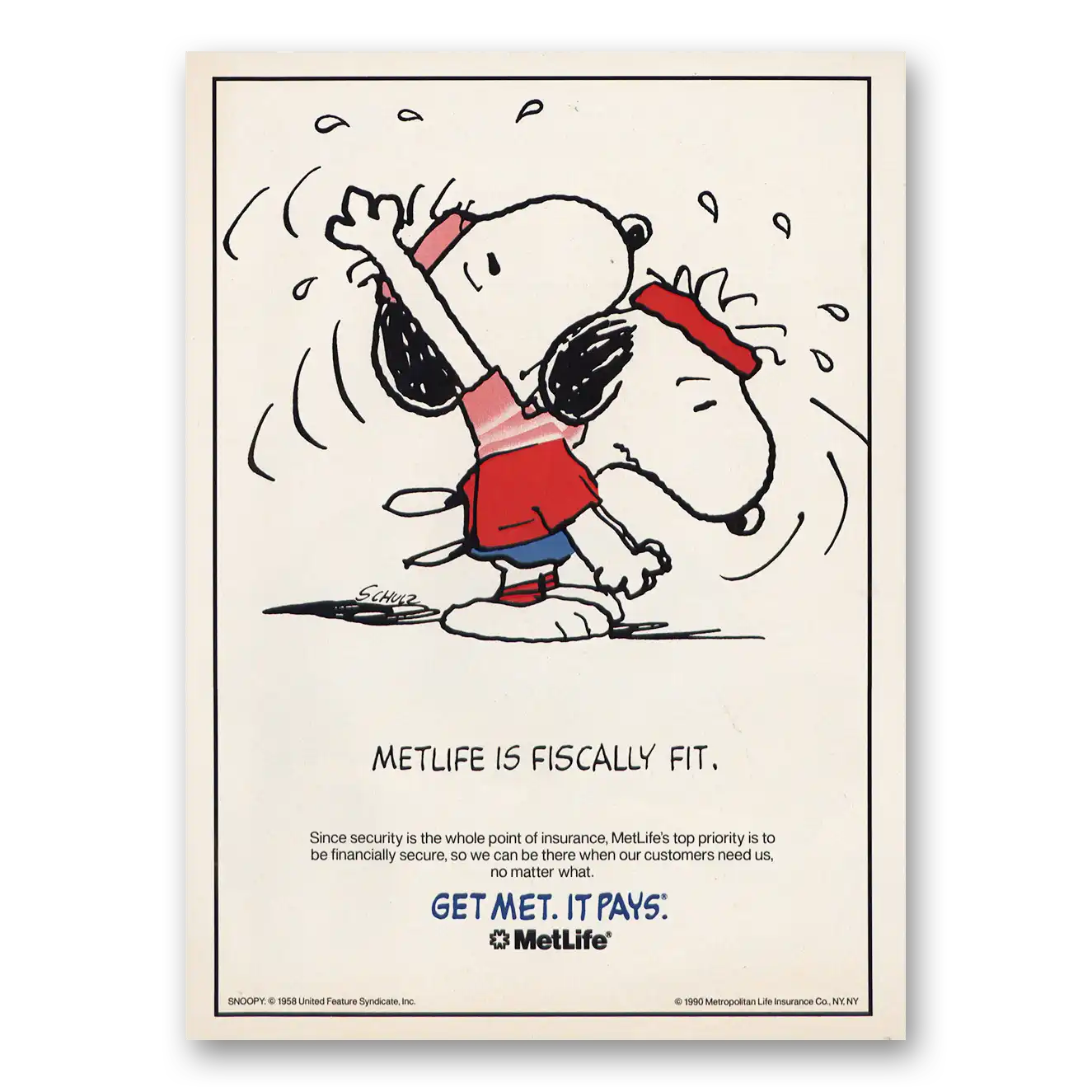 1990 MetLife Fiscally Fit Snoopy Vintage Magazine Print Ad