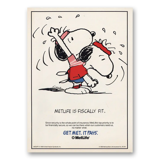 1990 MetLife Fiscally Fit Snoopy Vintage Magazine Print Ad