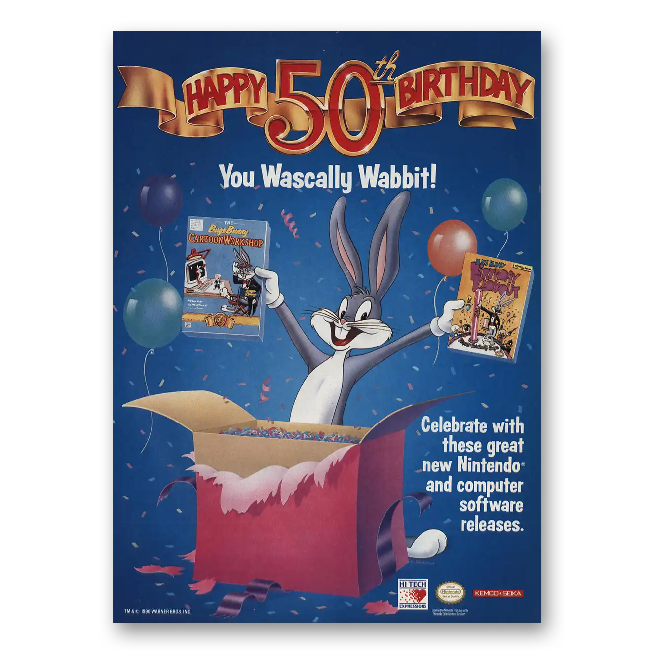 1990 Nintendo Happy 50th Birthday You Wascally Wabbit Vintage Magazine Print Ad