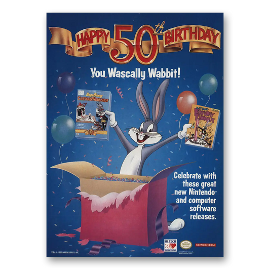 1990 Nintendo Happy 50th Birthday You Wascally Wabbit Vintage Magazine Print Ad