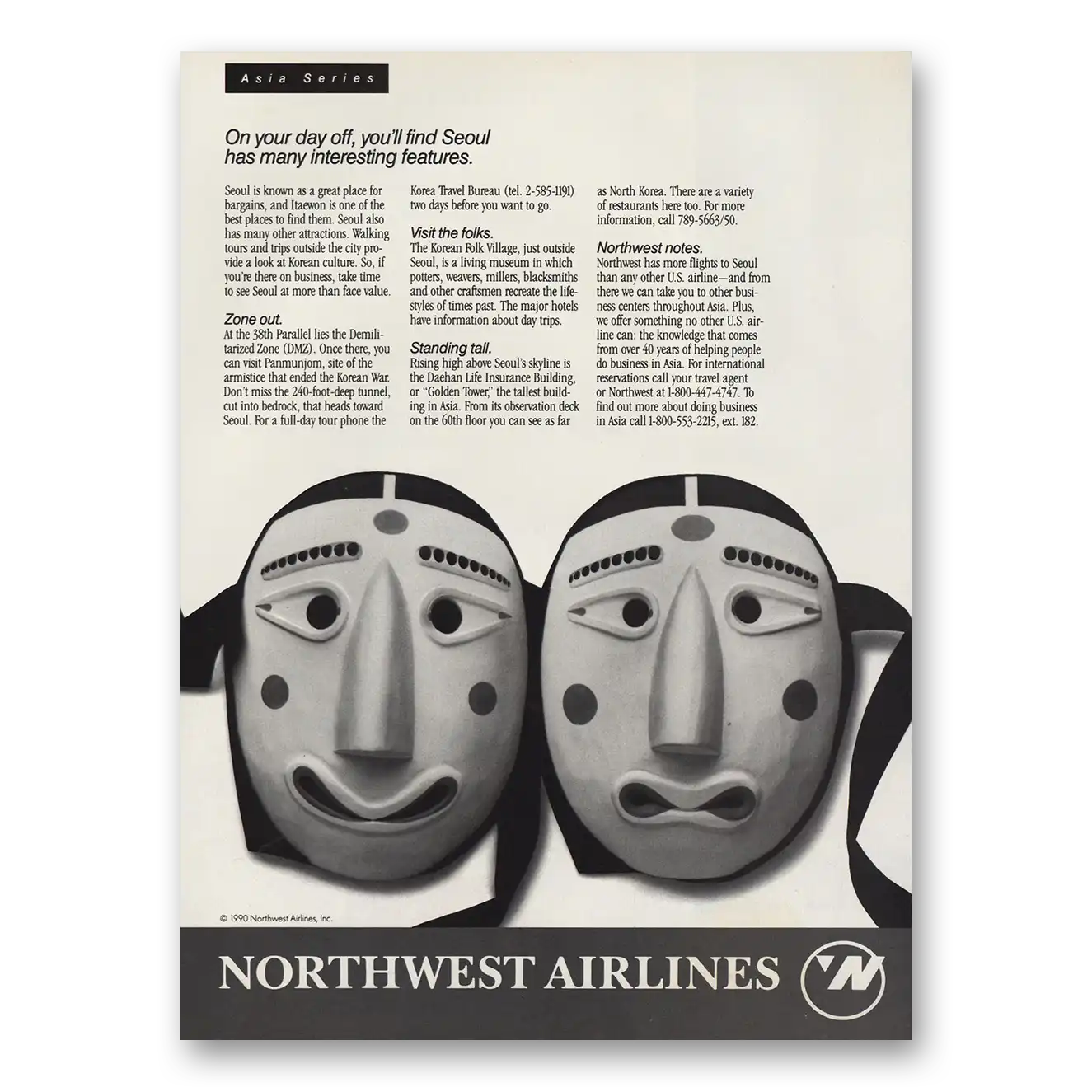 1990 Northwest Airlines Seoul Has Many Interesting Features Vintage Magazine Print Ad