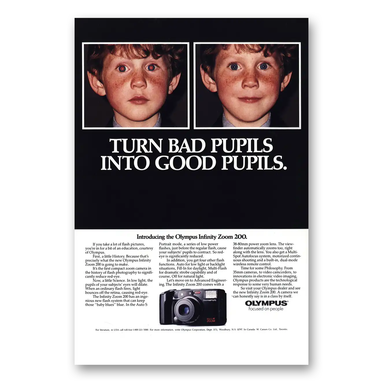 1990 Olympus Camera Bad Pupils Into Good Pupils Vintage Magazine Print Ad