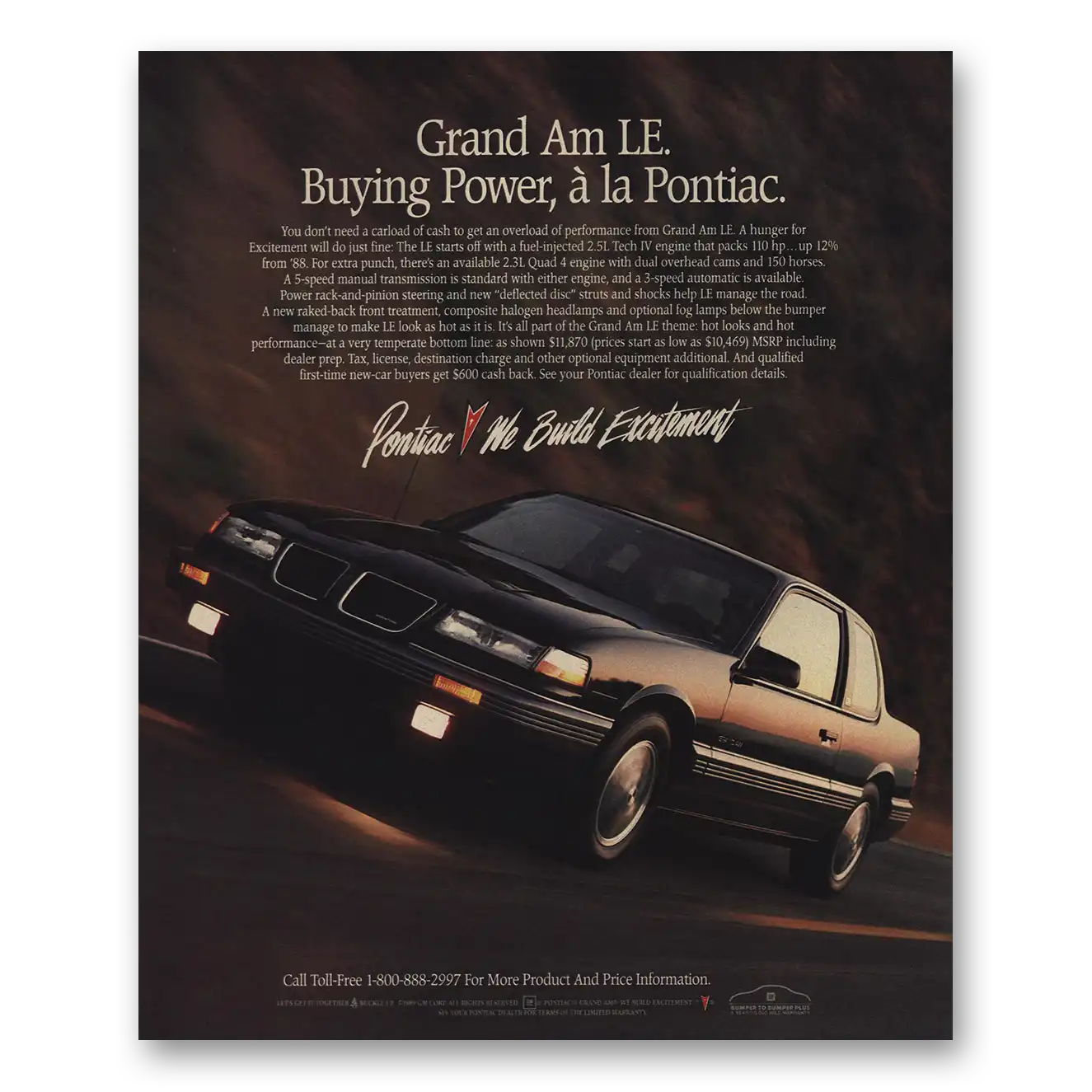 1990 Pontiac Grand Am Buying Power a la Pontiac Vintage Magazine Print Ad