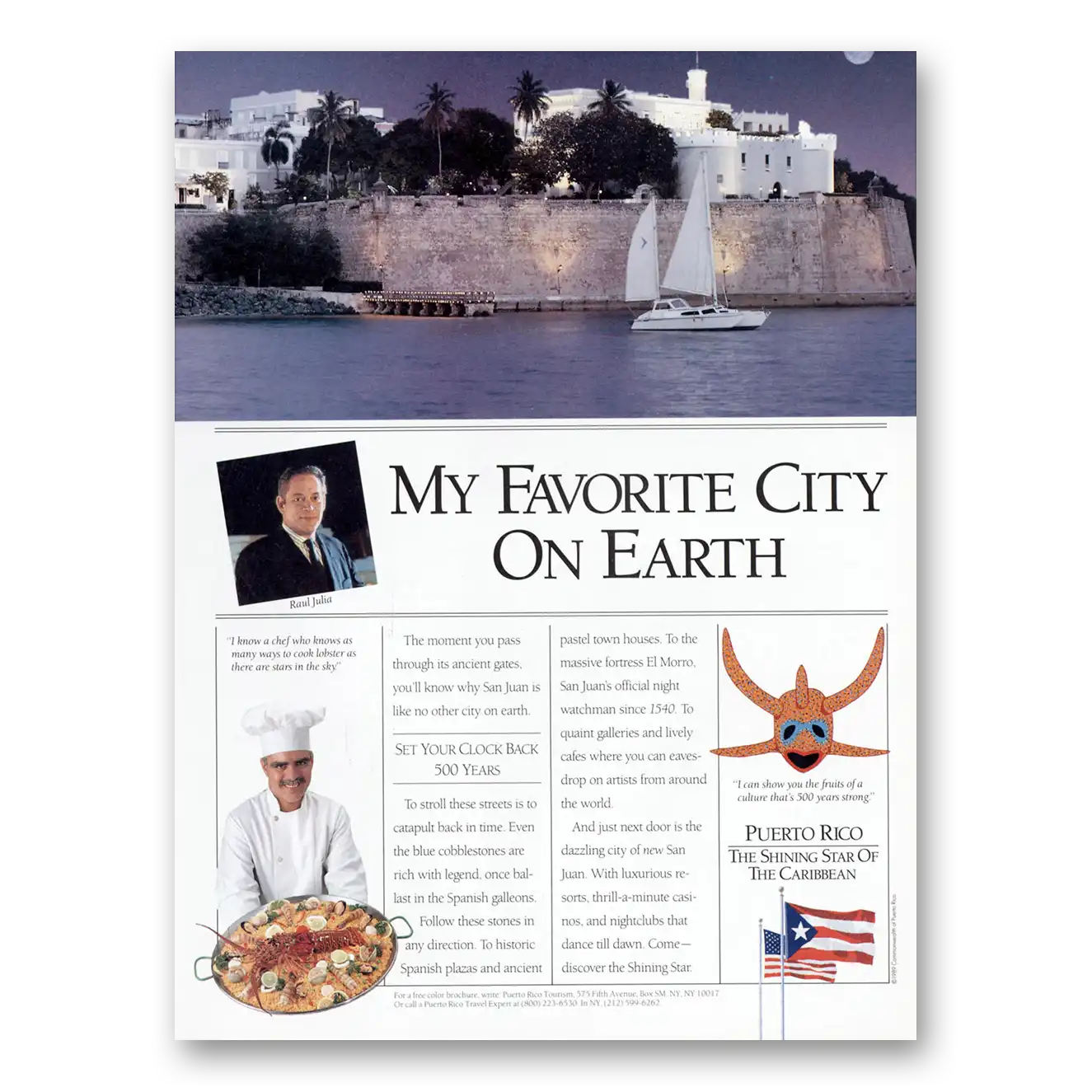 1990 Puerto Rico My Favorite City on Earth Raul Julia Vintage Magazine Print Ad