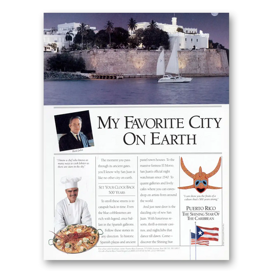 1990 Puerto Rico My Favorite City on Earth Raul Julia Vintage Magazine Print Ad