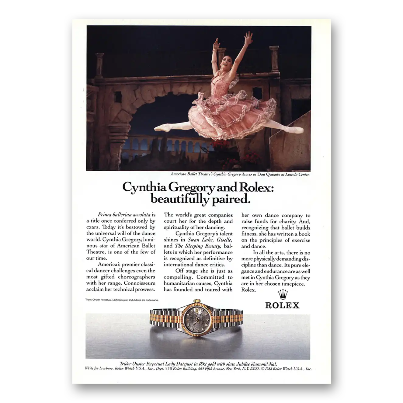 1990 Rolex Cynthia Gregory Beautifully Paired Vintage Magazine Print Ad