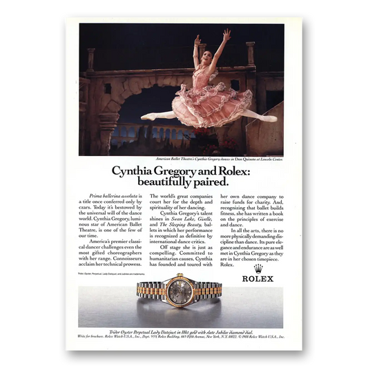 1990 Rolex Cynthia Gregory Beautifully Paired Vintage Magazine Print Ad