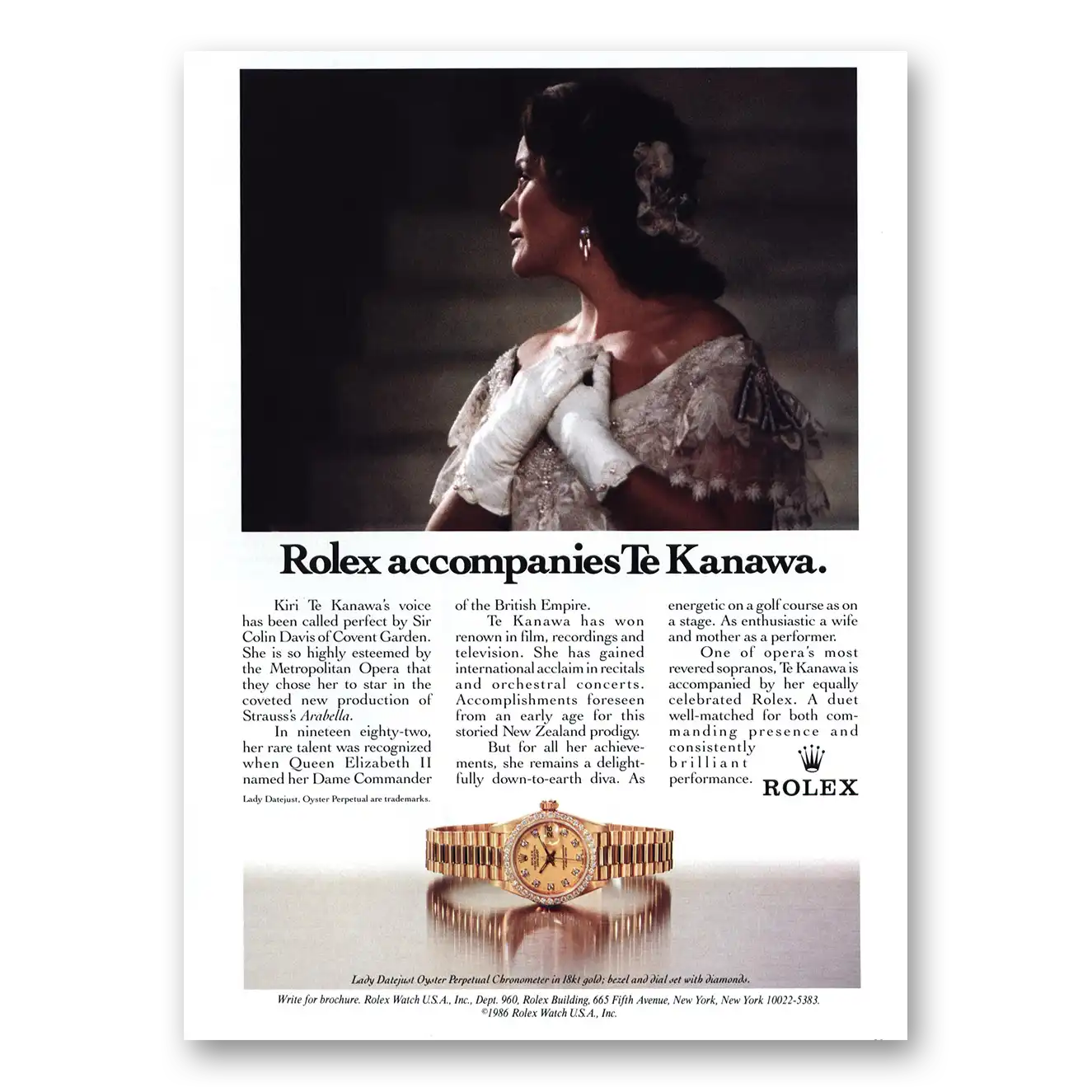 1990 Rolex Accompanies Te Kanawa Vintage Magazine Print Ad