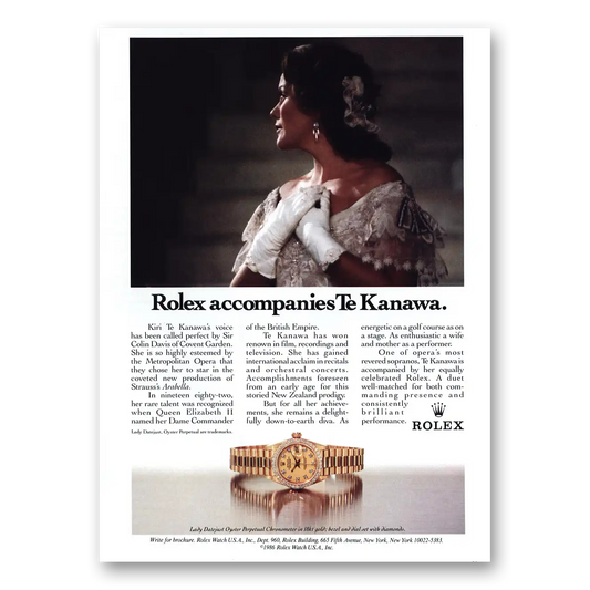 1990 Rolex Accompanies Te Kanawa Vintage Magazine Print Ad