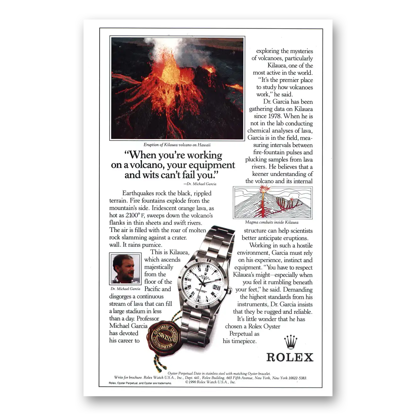 1995 Rolex Mount Kilauea Volcano Vintage Magazine Print Ad