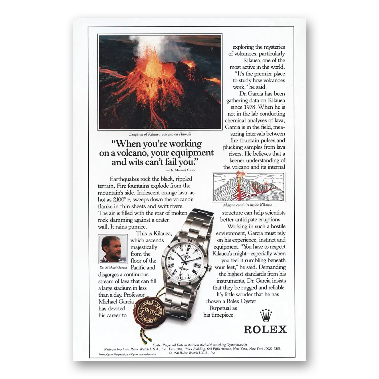 1990 Rolex Kilauea Volcano Eruption Vintage Magazine Print Ad