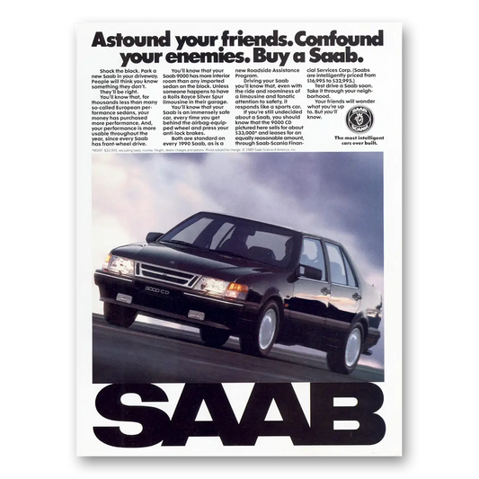 1990 Saab Astound Your Friends Confound Your Enemies Vintage Magazine Print Ad