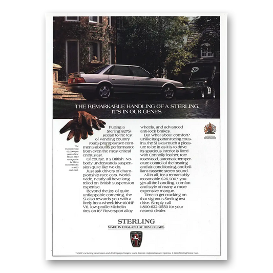 1990 Sterling Motor Cars Remarkable Handling Its In Our Genes Vintage Magazine Print Ad